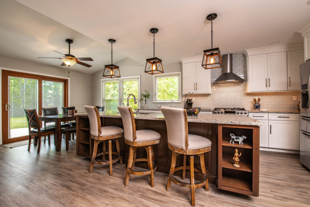 A newly remodeled Mediterranean style open concept kitchen and dining room